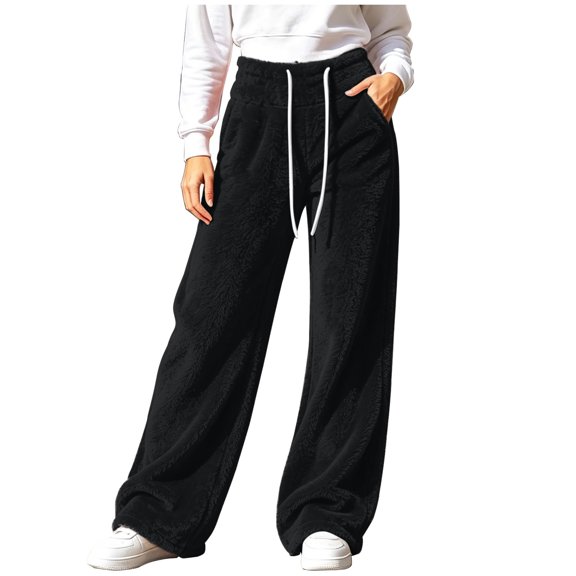 ZHYou No Boundarie Women's Casual Fleece Pants High Drawstring Waist Wide Leg Thick Warm Winter Loungewear Loose Sweatpants with Pockets,Black,Size XL