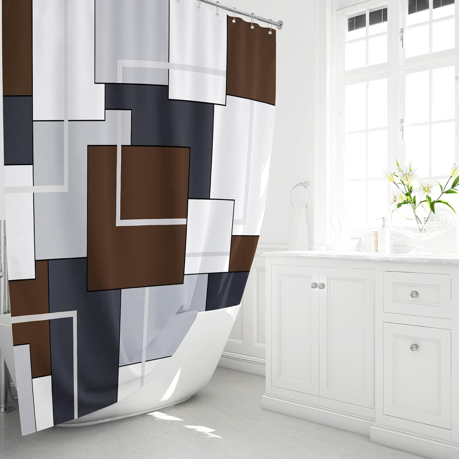 Brown Fabric Shower Curtain - Geometric Shower Curtain Set with 12 Plastic Hooks, Water Repellent, Machine Washable, Modern Decorative Polyester Cloth Shower Curtains for Bathroom - 72x72