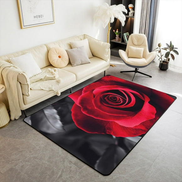 Red Rose Area Rugs 5x7,Romantic Valentine's Day Decorative Washable Rug,Retro Rose Floral Flower Carpet,Couple Vintage Flowers Indoor Floor Mat for Bedroom Living Room Bedside Classroom