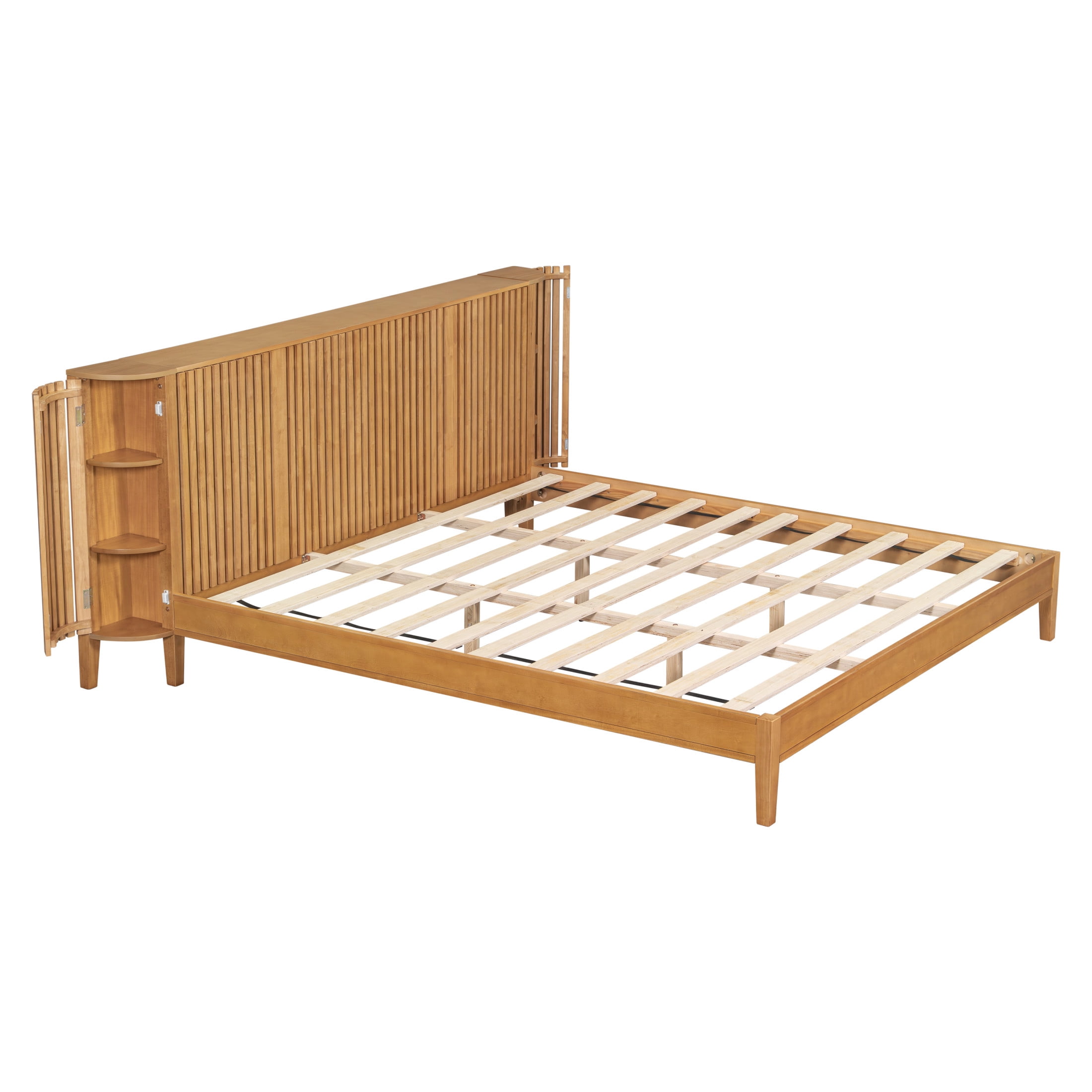 Christopher Knight Home King Size Pine Wood Bed Frame with Slat Headboard and Side Storage Cabinets, Natural