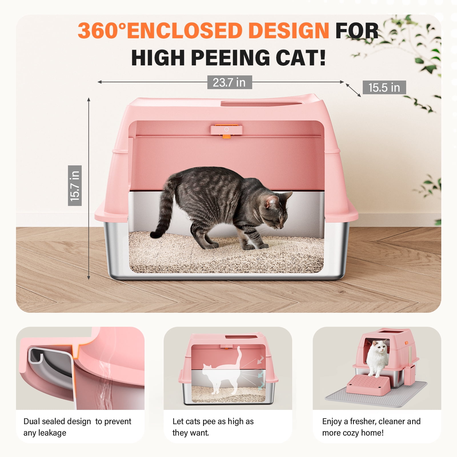 Removable Stainless Steel Cat Litter Box with lid, Front & Top Entry Kitty LitterBox，Cat Litter Box Enclosure, XL Extra Large High-Sided Metal Cat Box with Scoop, Mat, Footboard (Pink)