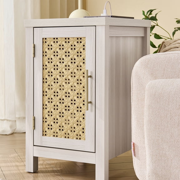 Boho Nightstand with Charging Station, End Table with Rattan Decorated Door and Adjustable Shelf, Bedside Storage Cabinet for Bedroom, Living Room