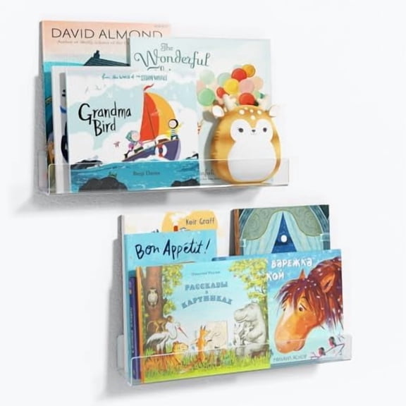 16.5-Inch Acrylic Floating Bookshelves, 2-Pack, Clear Modern Wall Shelves for Child/Toddler, Invisible Ledge Book Shelves for Nursery/Kids Room/Playroom/Small Spaces.