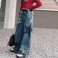 thumbnail image 5 of KVPLBQFD Girls Straight Leg Jeans Star Applique Distressed Jeans for Kids High Waist Baggy Denim Pants Teens Y2k Casual Loose Trousers, 5 of 6