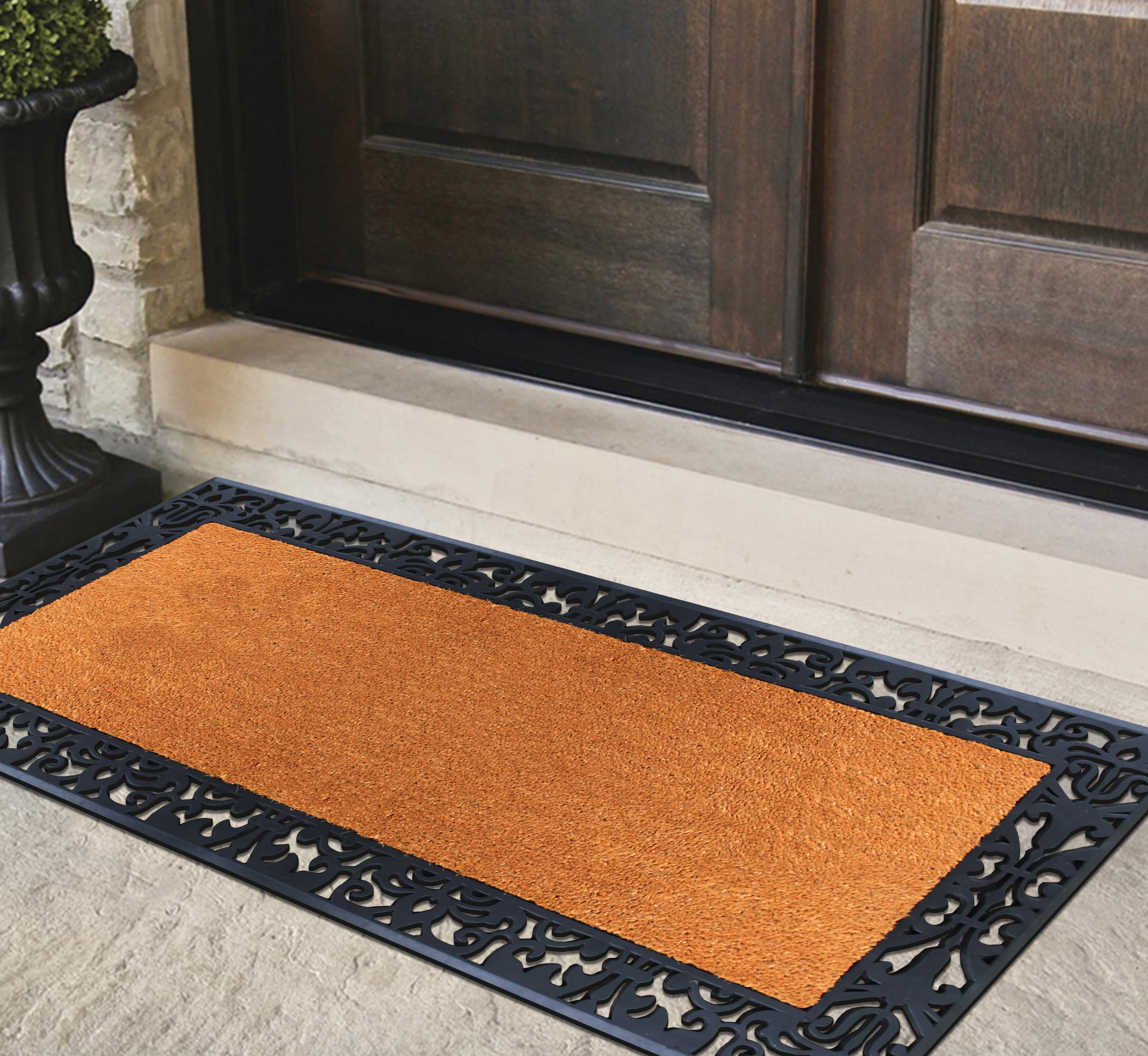 A1HC Natural Coir And Rubber Large Doormat, Outdoor Entrance, Paisley Border, 30x60 Inches, Black
