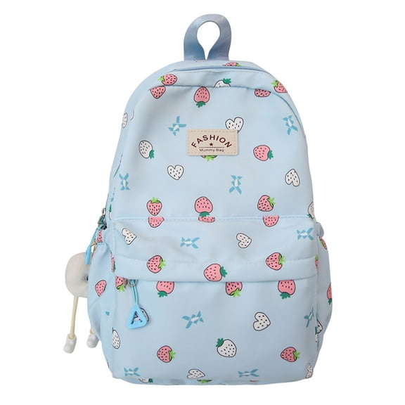 Strawberry Heart Printed Backpack, Cute Aesthetic Casual Daypack, Large Capacity Lightweight Bookbag, Multi Pocket Fashion Shoulder Bag, Portable Travel Commute Bag for Daily Shopping Use, Blue
