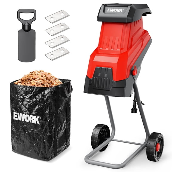 EWORK Heavy-Duty 15-Amp 4500-RPM Electric Wood Chipper Shredder, 1.77-inch Cutting Capacity, Red