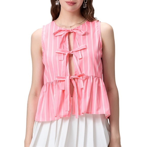 Gupgi Tie Front Tank Top for Women Sleeveless Striped Blouses Cropped Vest Bow Tie Peplum Shirts