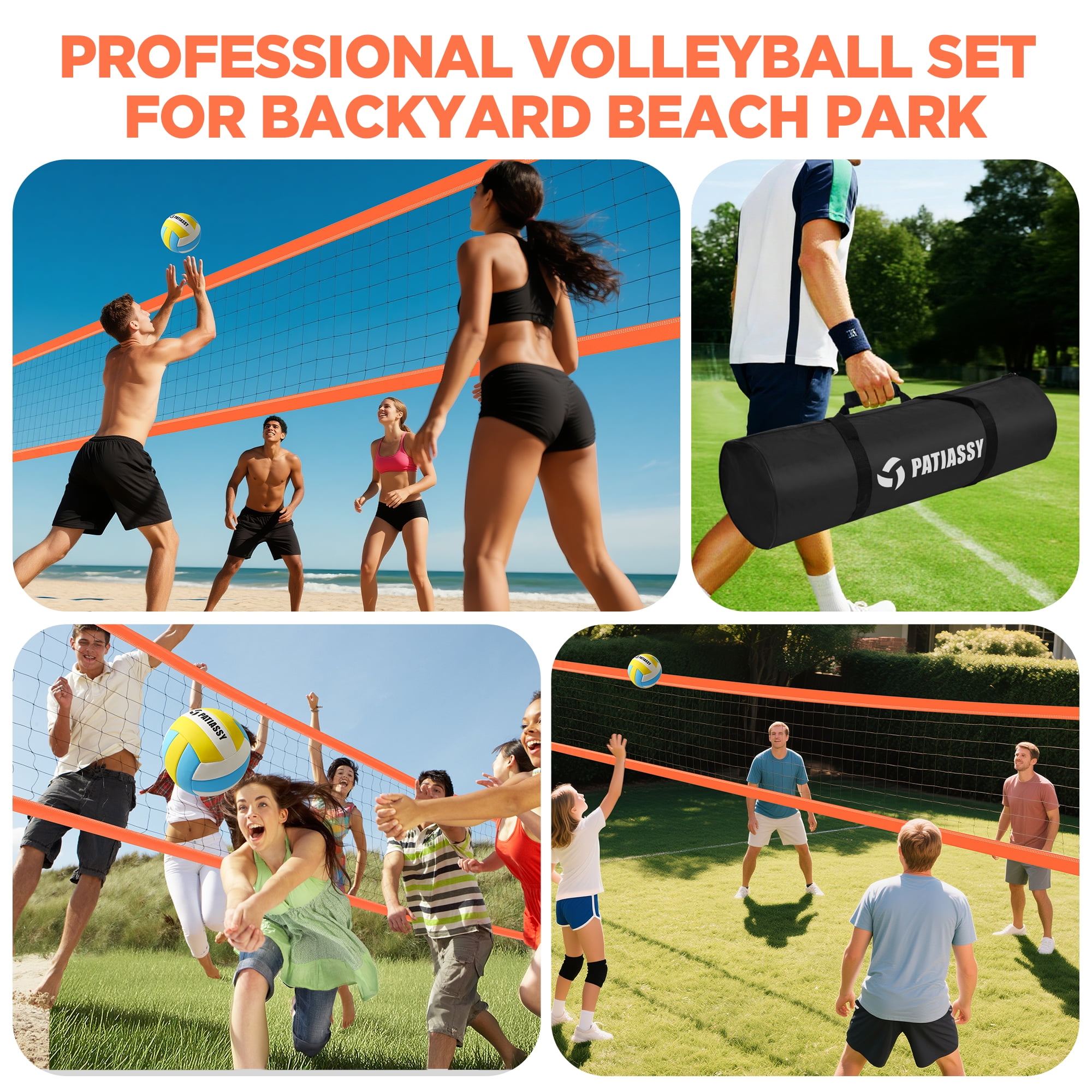 Patiassy Heavy Duty Professional Portable Volleyball Net for Backyard Outdoor with Adjustable Aluminum Poles Winch System Steel Stakes Anti-Sag Design Pump and 1680D Carry Bag for Beach Grass