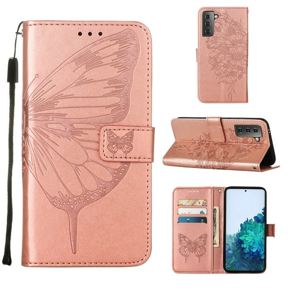 Decase Samsung S21 Case, Butterfly Patterned Wallet Case, Magnetic Folio Faux Leather with Wrist Strap Credit Card Holder Slots Kickstand Protective Cover For Samsung Galaxy S21, Rosegold