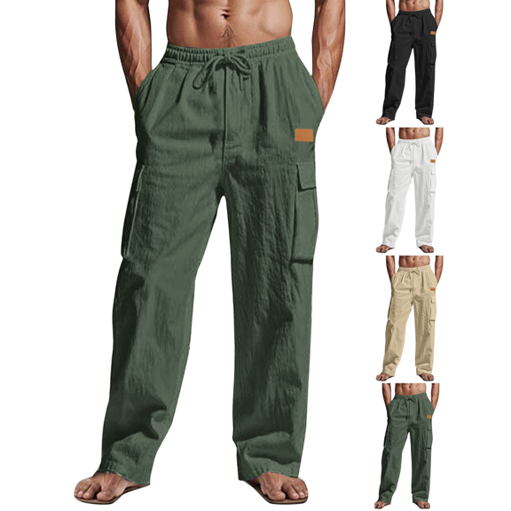 FEIIBMOYRIA Men Cargo Long Pants Men Cotton Blend Crinkle Wide Leg Pants Drawstring Elastic Waist Loose Fashion Casual Daily Vacation Travel Trousers with Side Pockets