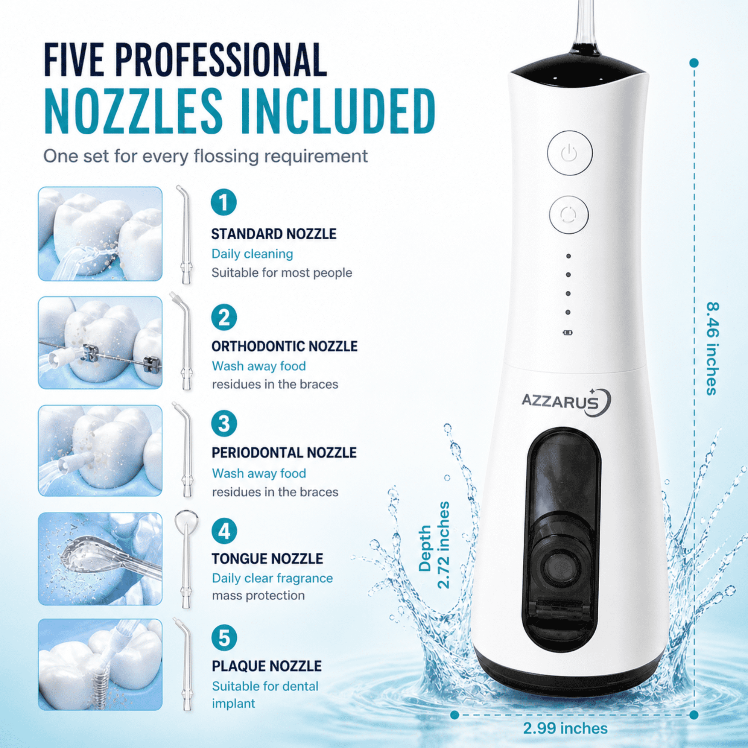 AZZARUS® Water Flosser – Cordless Oral Irrigator, Portable, 300ml Tank, 4 Modes, 5 Tips, Rechargeable, Waterproof (White)