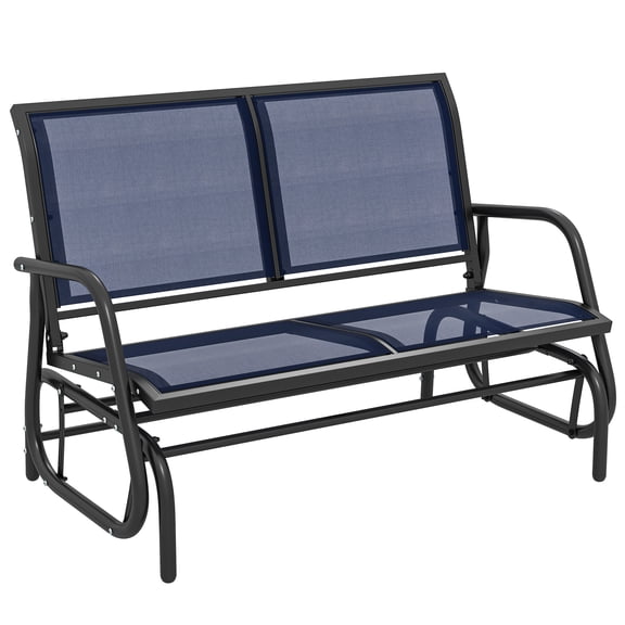Glider Bench 2-Person Outdoor Swing Rocking Loveseat with Steel Frame and Breathable Mesh, Dark Blue, for Patio, Porch or Yard