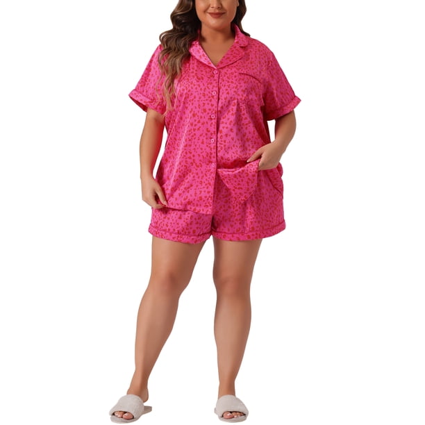 Conjunto de pijamas de talla grande GRACE & GRANDEUR para mujeres, con botones, estrellas, de manga corta, ropa de dormir, rosa intenso, 2X