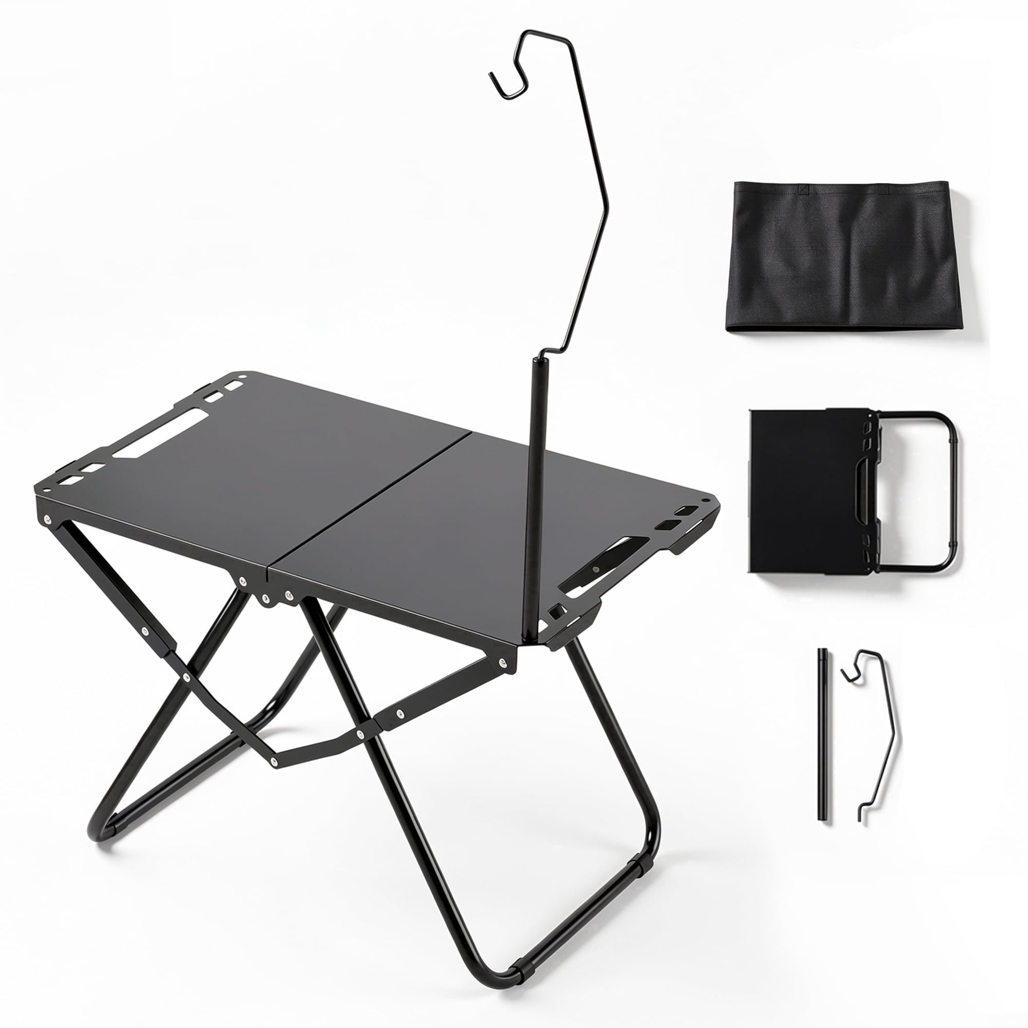 OHHANI Portable Folding Camping Table with Lantern Stand, Lightweight Tactical Aluminum Picnic Table with Storage Bag, Black