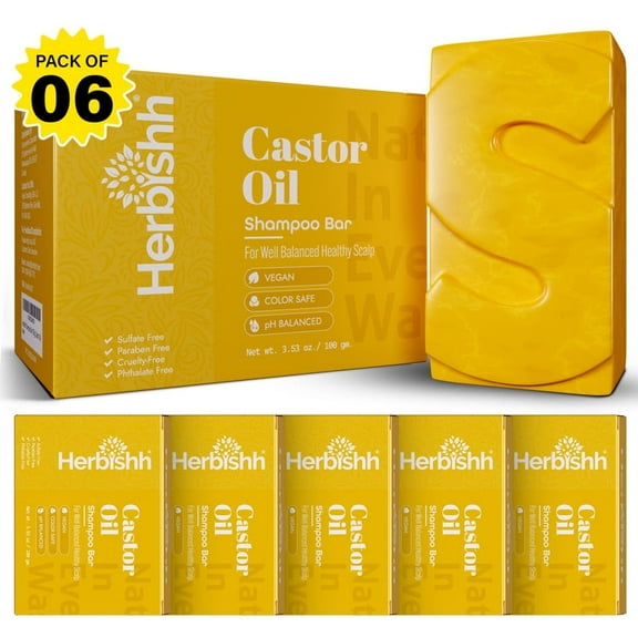 Herbishh Castor Oil Shampoo Bar Pack of 6 – Nourishing Solid Shampoo for Hair Growth & Thinning Hair – Natural & Organic Castor Oil Soap for Healthy, Moisturized Scalp, Women & Men, 3.53 oz Each