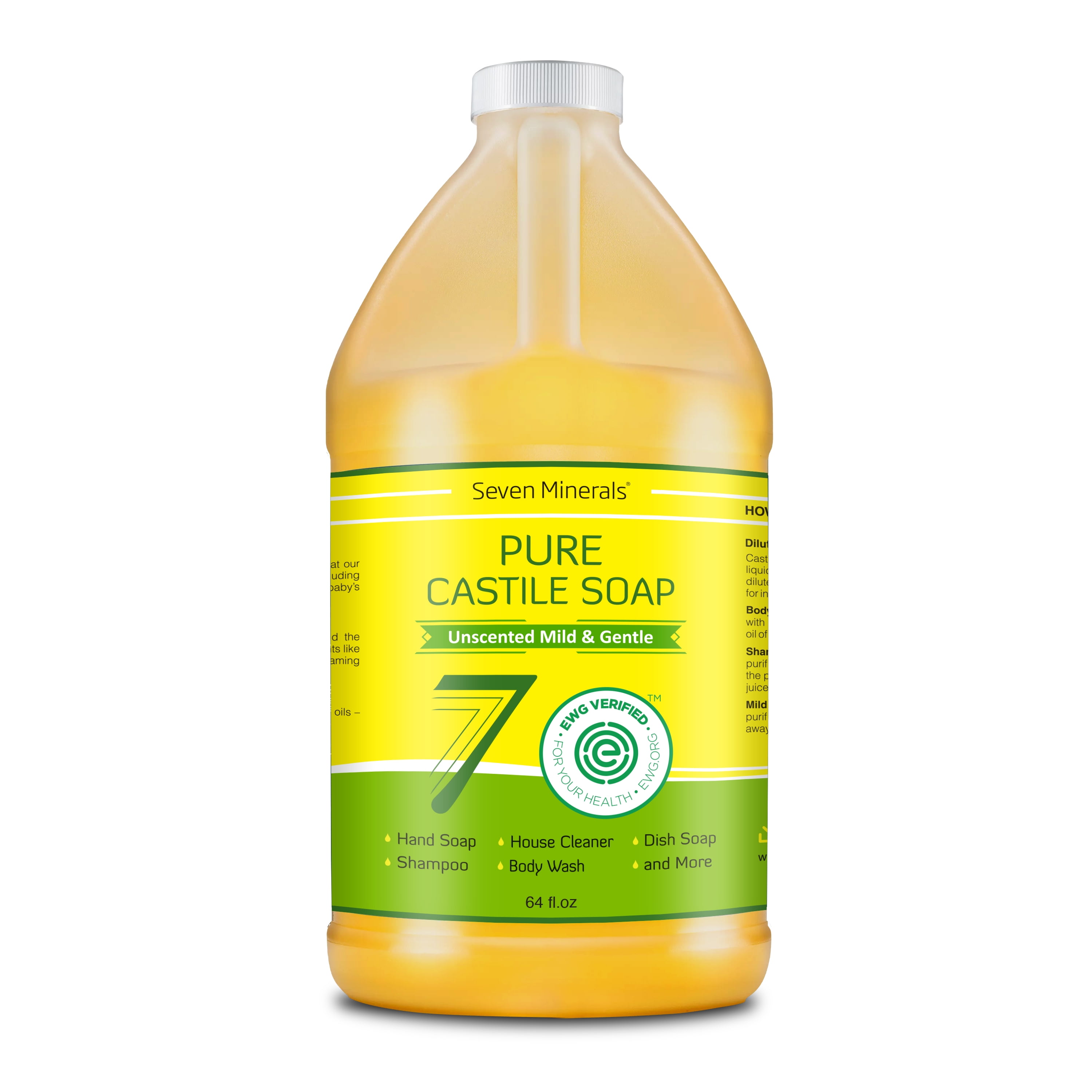 Seven Minerals EWG verified Castile Soap, Unscented, Baby-Safe, No Palm Oil, 64 fl oz