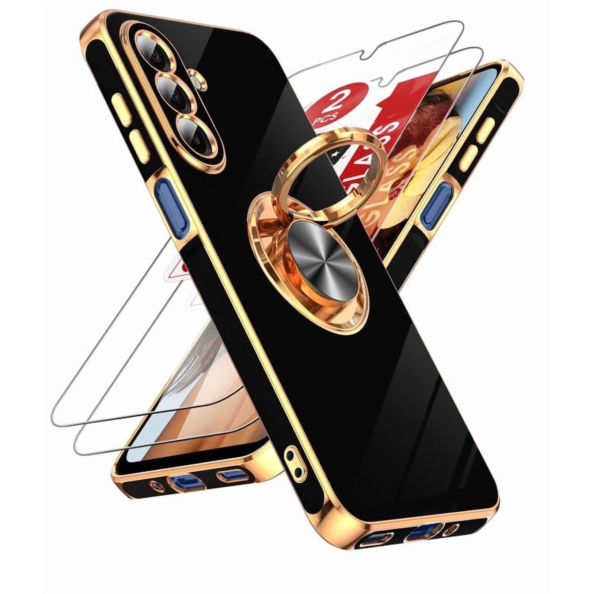 LeYi for Galaxy A17-5G Phone Case: 2 Pack Tempered Glass Screen Protector and 360° Rotatable Ring Holder Magnetic Kickstand, Plating Rose Gold Edge para Samsung A 17 5G, Black