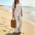 thumbnail image 5 of Two Piece Lounge Sets for Women Fashion Buttons Side Slit Solid Color Round Neck Short Sleeve Tops Elastic Waist Pants Sets Lounge Sets Wide Leg Pants Sets with Pockets, 5 of 8