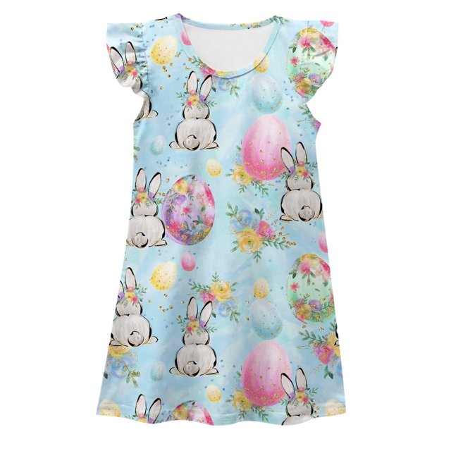 Toimothcn Robe de Bébé Fille Manches à Volants Joyeuses Pâques Lapin Carotte Imprimé Pyjama Robe Douce Coupe Ample Princesse Robe de Nuit Adaptée pour les Vacances d'Été