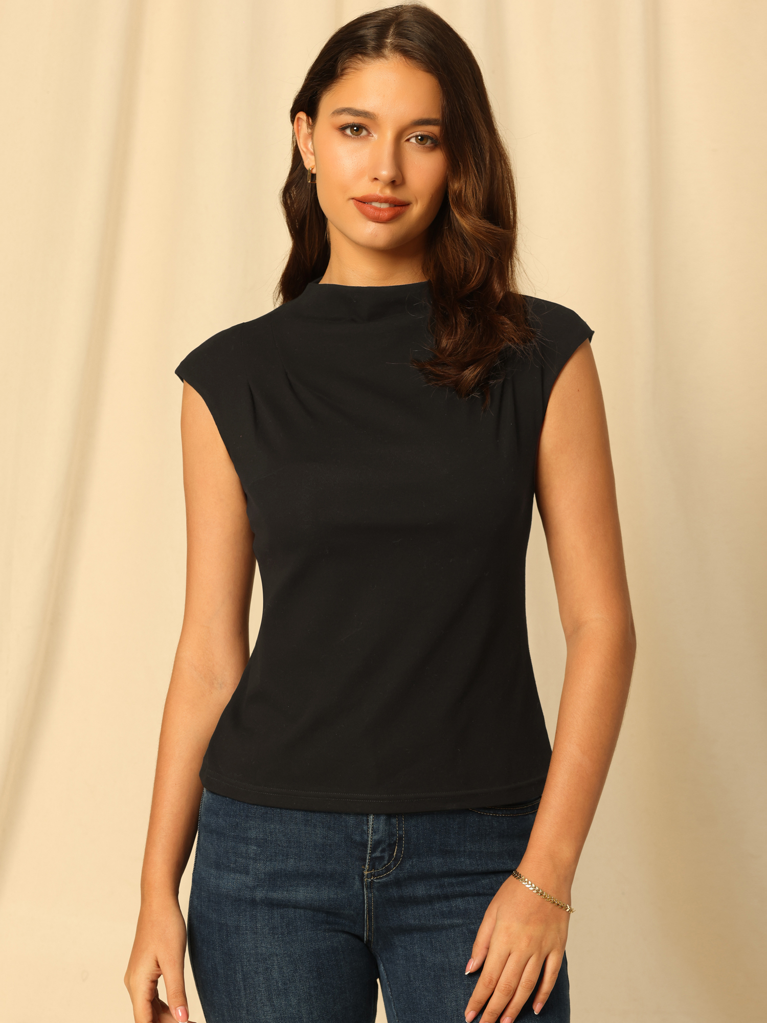 Unique Bargains Women's Mock Neck Blouse Basic Cap Sleeve Knitted Tops M Black