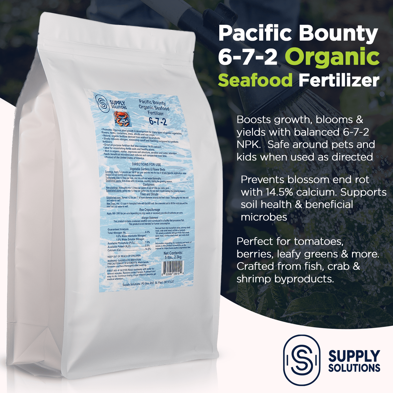 Organic Seafood Fertilizer 6-7-2 | 14.5% Calcium | All-Natural Fish & Shellfish-Based Garden Fertilizer | Boosts Growth, Improves Soil, and Prevents Blossom End Rot (5lbs)
