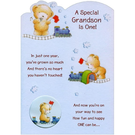 Designer Greetings Bear Playing with Train Die Cut Juvenile 1st / First Birthday Card for Grandson