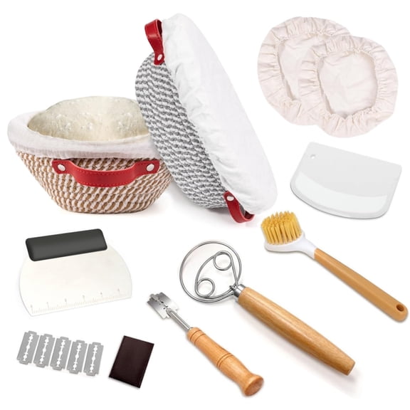 17PCS Bread Proofing Basket Set, 9" Round & 10" Oval Banneton Baskets, Sourdough Bread Baking Supplies with Bread Lame, Dough Whisk, Complete Sourdough Starter Kit, Beige