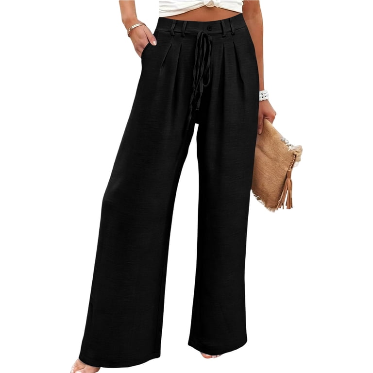Miluxas Womens Spring Summer Solid Wide Leg Pants Pull on Stretchy Work Dress Pants High Waist Pleated Business Casual Trousers with Pockets Black