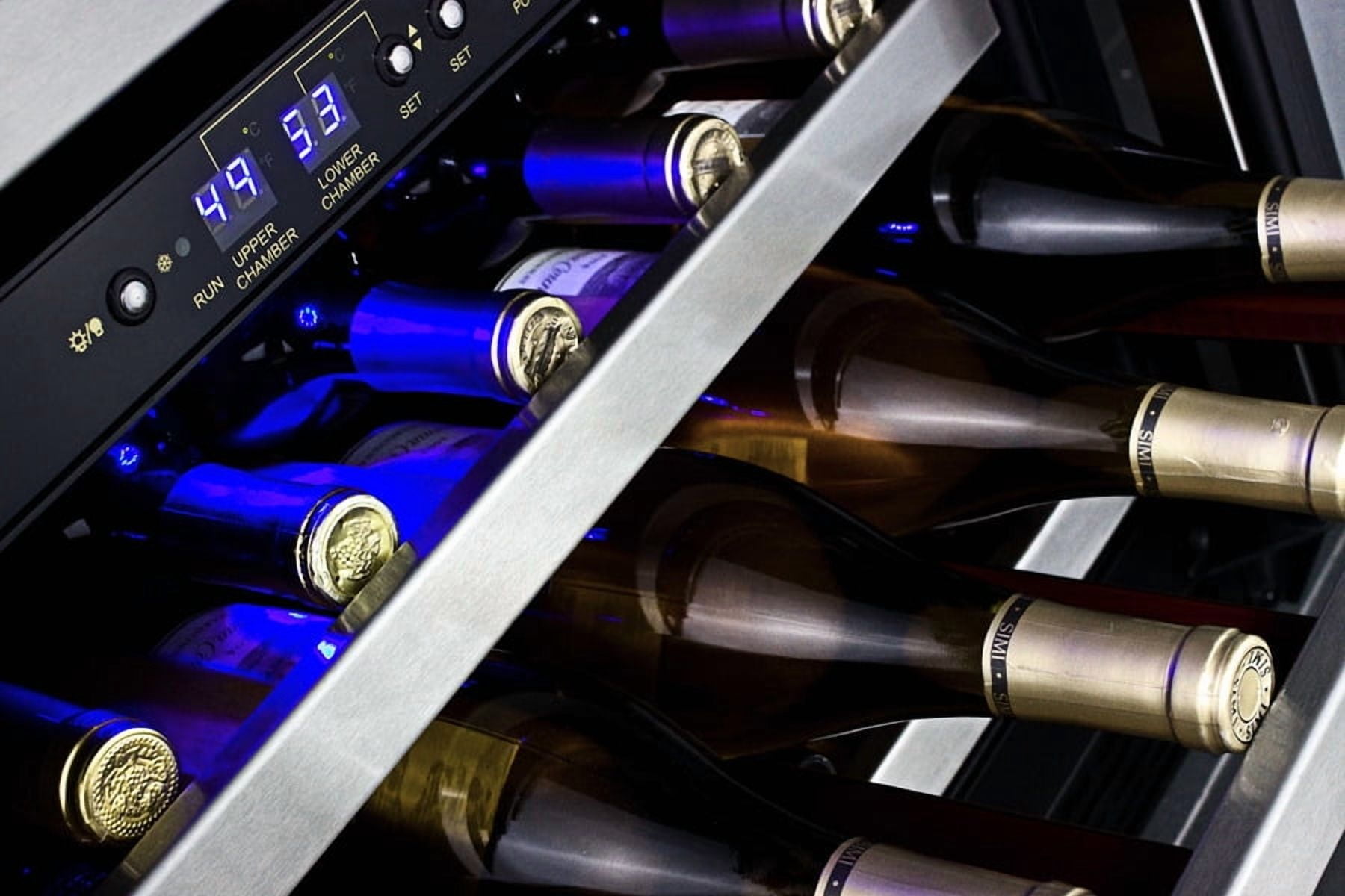 ADA compliant dual zone built-in wine cellar with digital thermostat, stainless steel trimmed shelves and black cabinet