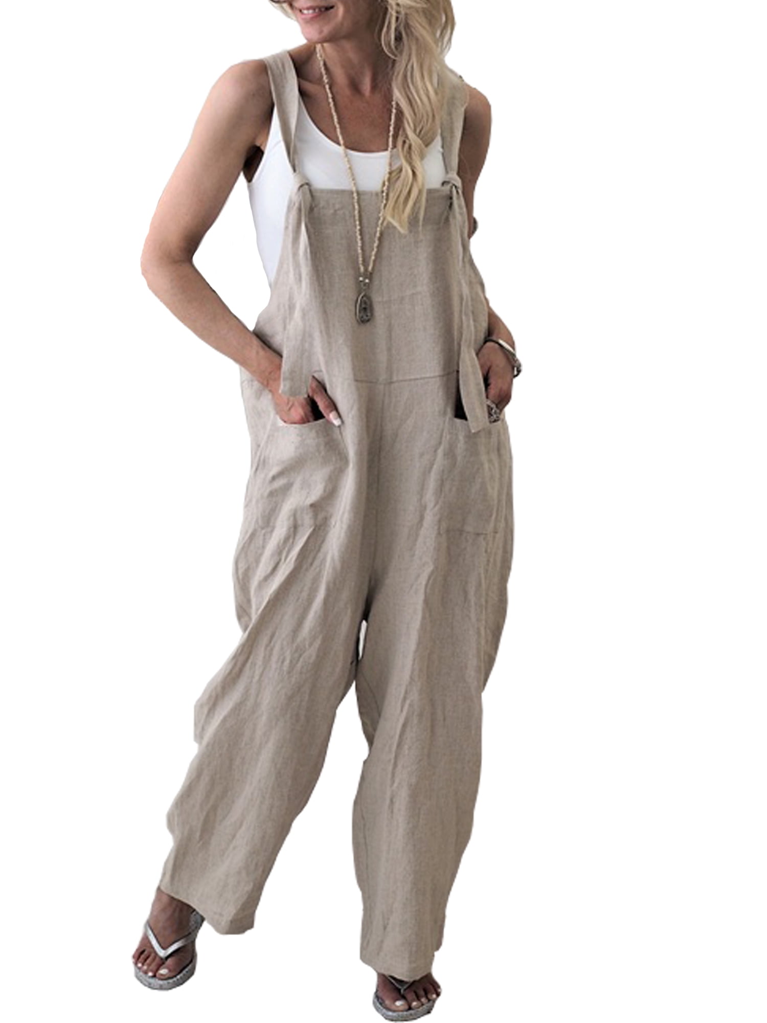 HANMAX Womens Jumpsuits Wide Leg Dungarees Rompers Plus Size Linen Overalls Baggy Overalls with Pockets 