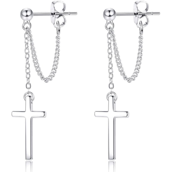 Sterling Silver Plated Minimalist Cross Dangle Earrings for Women Men Tiny Punk Dangling Earrings Small Cross Drop Earrings Chain Butterfly Buckle