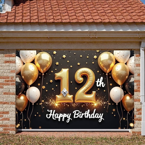 Golden Glitter 12th Birthday Banner Accent Happy Birthday Display Gold Balloons Star Decor 12th Party Backdrop for 12th Birthday Party Kids Celebration Indoor Decoration
