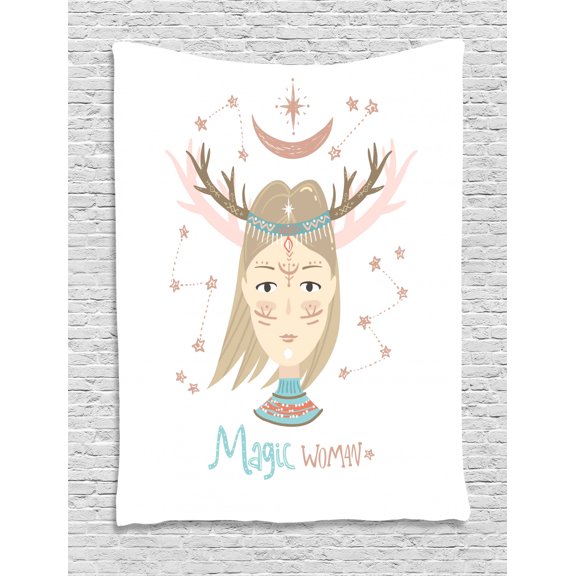 Magic Moon Tapestry, Boho Graphic of Magic Woman with Elk Horns in Soft Tones, Wall Hanging for Bedroom Living Room Dorm Decor, 60W X 80L Inches, Tan Champagne Cocoa and Seafoam, by Ambesonne