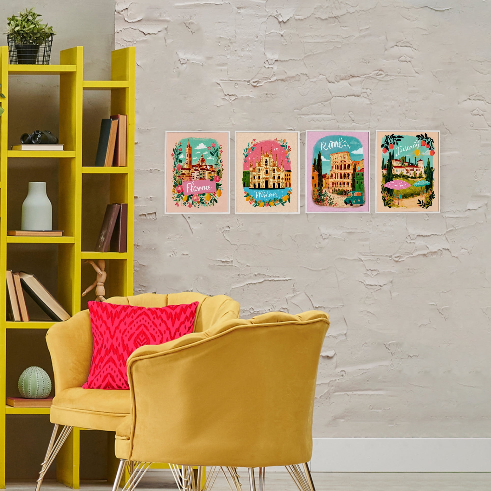Italy Travel Locations with Florals 4 Piece White Framed Giclee Art Set, design by Yen