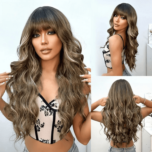 Fanty European and American long curly hair wig, dark brown, white gold, dyed with bangs, full head cover