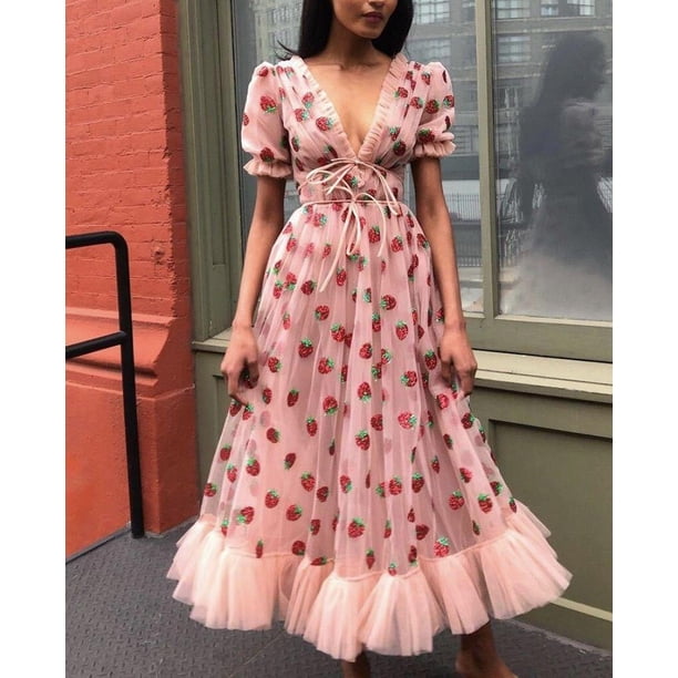 Women Strawberry Dress Summer V-neck Short Sleeve Sweet Princess