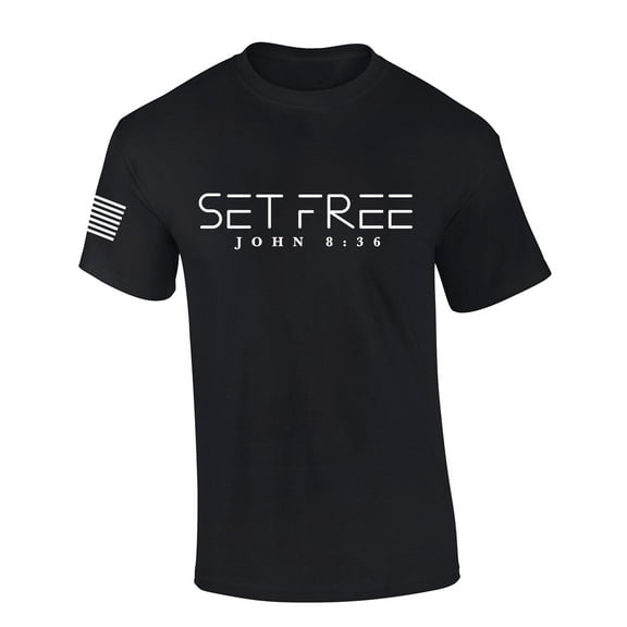 Mens Christian Shirt Set Free John 8:36 Short Sleeve T-shirt Graphic Tee-Black-small