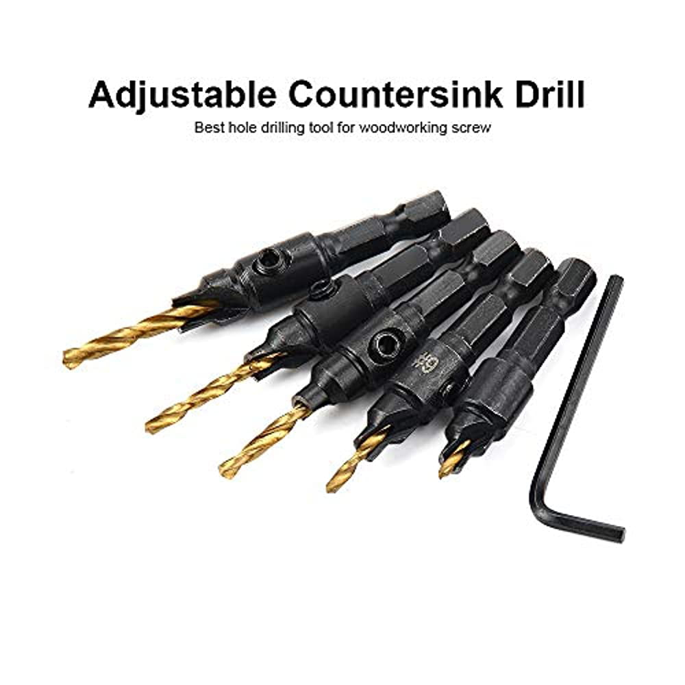Metal Countersink Drill Bit Set,Adjustable 1/4 Inches Hex Shank Countersink Drill Bit Power Tools Accessories for Plastic Woodworking Tool #5,#6,#8,#10,#12 with L-Wrench 