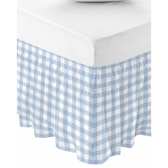 Light Blue Plaid Bed Skirt King Size 18 Inch Drop, Wrap Around Bed Skirts, Modern Minimalist Country Elastic Bedskirt Pleated Bed Frame Cover Luxurious Dust Ruffle for King Bed