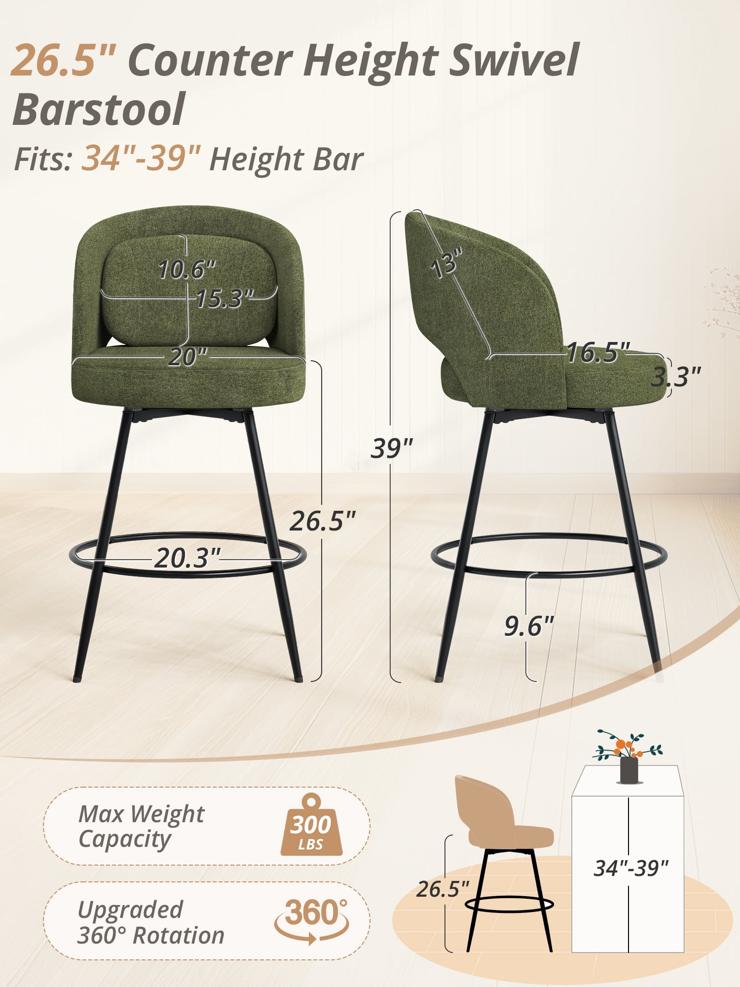 Carolayne 26.5" Swivel Bar Stools Set of 4, Modern Fabric Counter Height Bar stools with Back & Removable Cushion for Kitchen Island, Green
