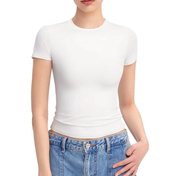 Women'S Crew Neck Short Sleeve Tops Slim Fit T Shirts Basic Tee Crop Tops Workout Y2k Clothes White M
