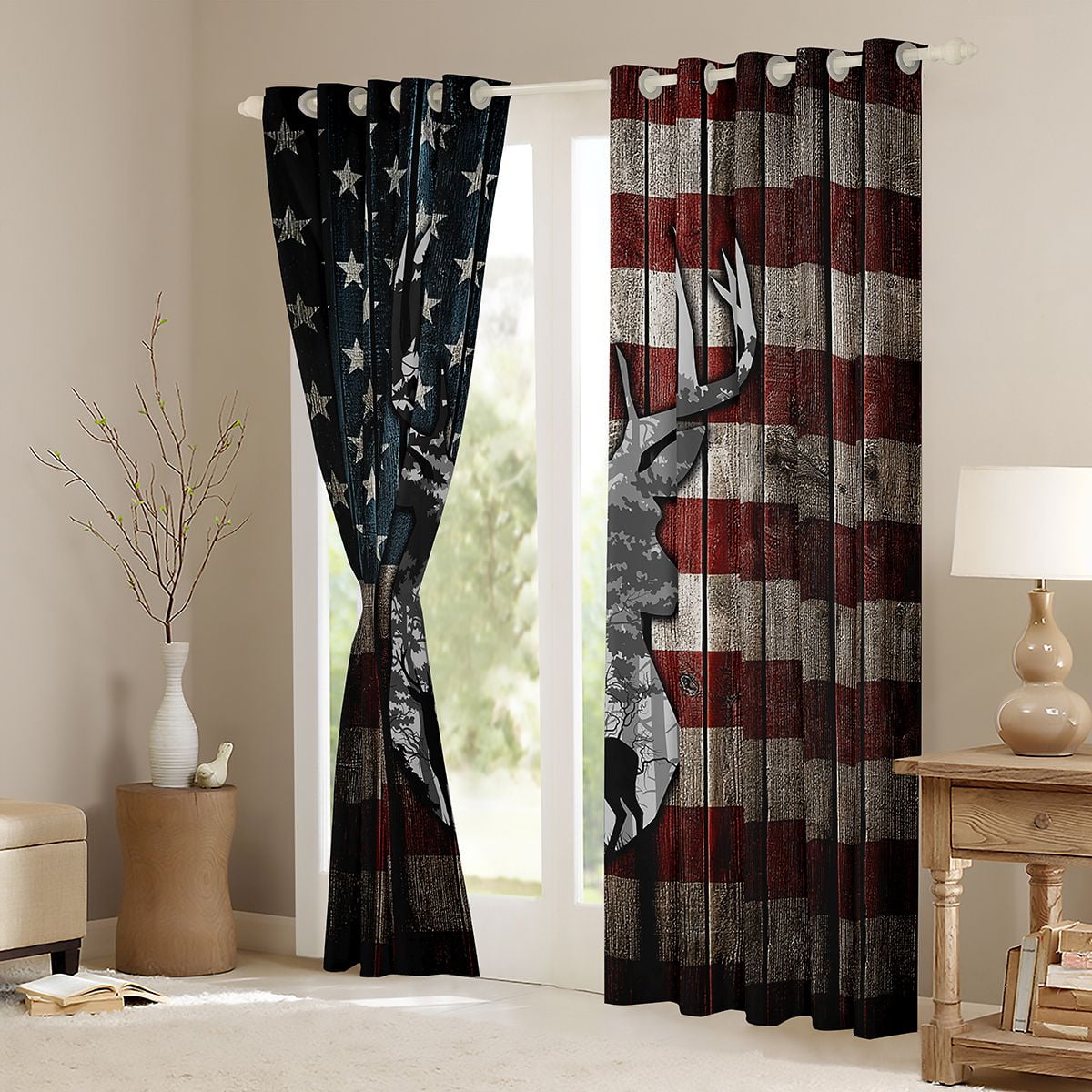 jejeloiu Wild Animal Deer Black Out Curtains,Rustic Farmhouse Cabin Curtains Pack of 2 (42x63 Each),Retro American Flag 03 For Kids