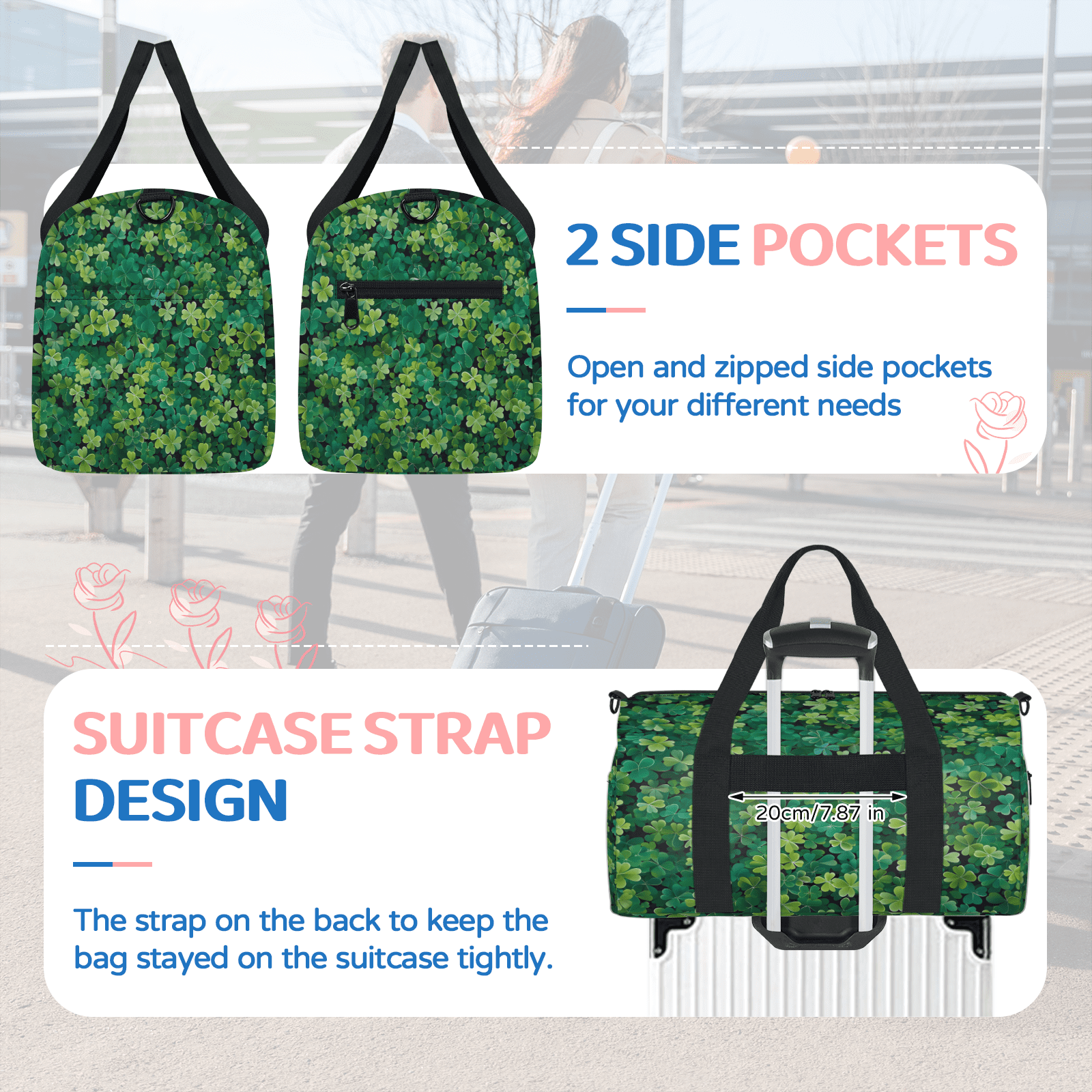 Herdesigns St. Patricks Day Green Irish Clover Gym Bag for Women, Duffle Bag for Travel Sport, Lightweight Waterproof Carry on Weekender Overnight Dance Yoga Workout Bags