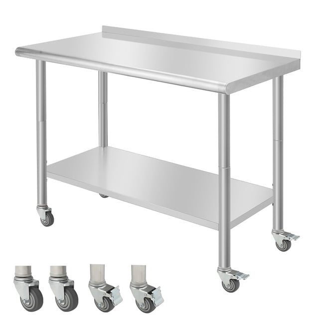 Modern Two-Tier Stainless Steel Work Table, 48x24x35inch Food Prep Worktable, Utility Table with Adjustable Undershelf and Backsplash, for Kitchen, Restaurant, Bakeries