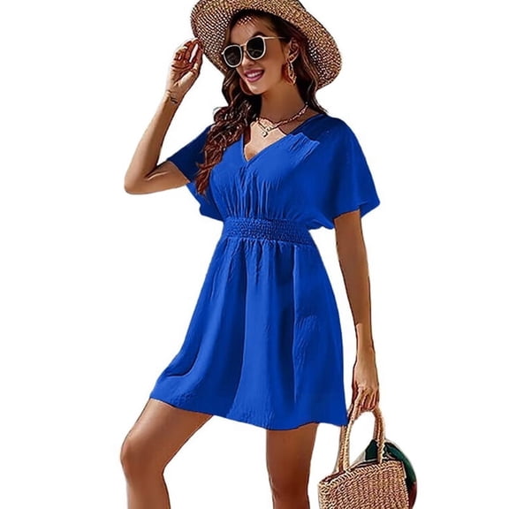 Womens Summer Solid Casual V-Neck Beach Dress Ruffle Short Sleeve Loose Dress blue XXL