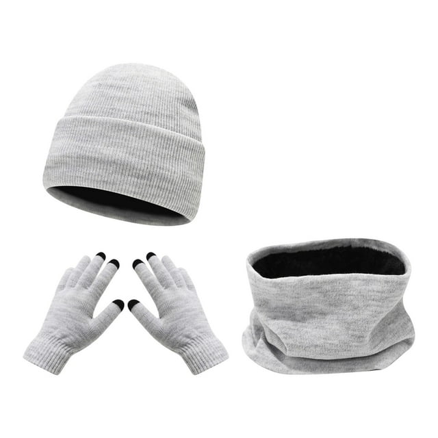 MIASHUI Women's Scarf, Hat, and Gloves Three-Piece Set Winter Outdoor Riding Skiing Cold Protection Solid Color Knit Hat Warm Set Light Gray