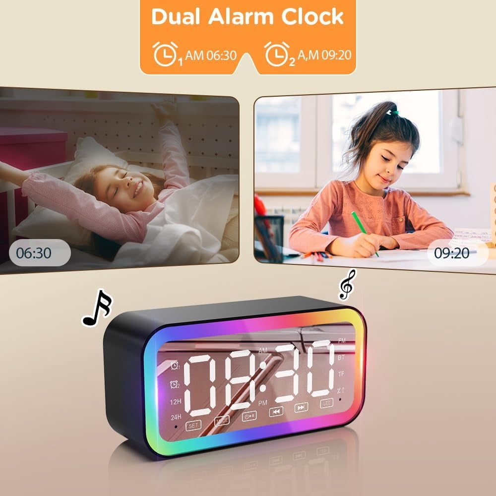 Alarm Clock with Bluetooth Speaker for Heavy Sleepers, Radio Digital Clock for Bedroom, Colorful LED Lights, USB Charger, LED Display Digital Alarm Clock for Christmas Teens Girls Boys (Black)