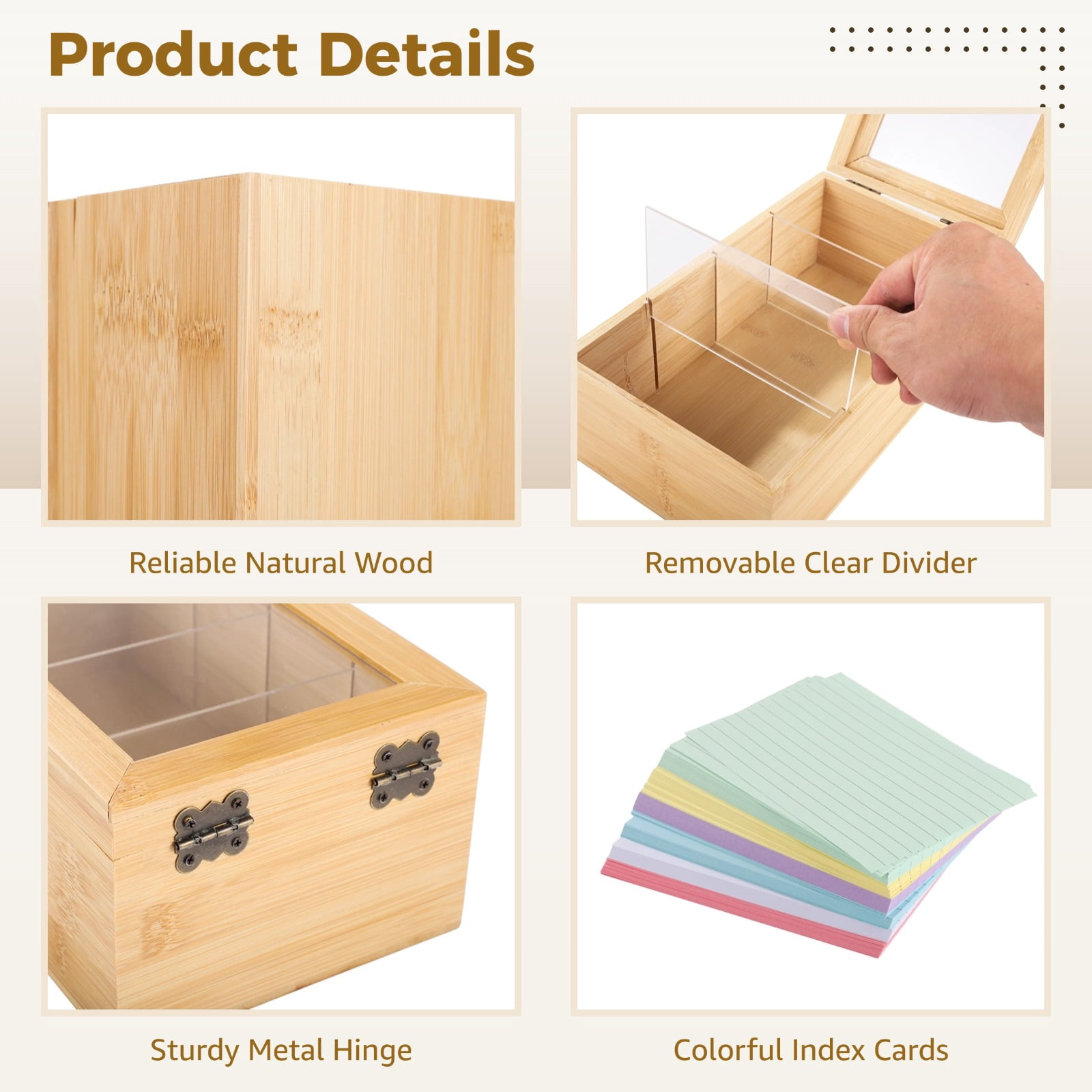 Wooden Index Card Organizer with Lid for Notes Business Card Recipes, Storage Box with Removable Dividers, Includes Kraft Paper Tabs and Colorful Cards