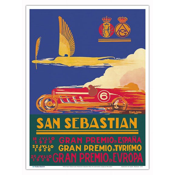 1926 San Sebastian Spanish Grand Prix (Gran Premio de San Sebastian) - Vintage Car Racing Poster by Antonio Garcia Bellido - Master Art Print (Unframed) 9in x 12in